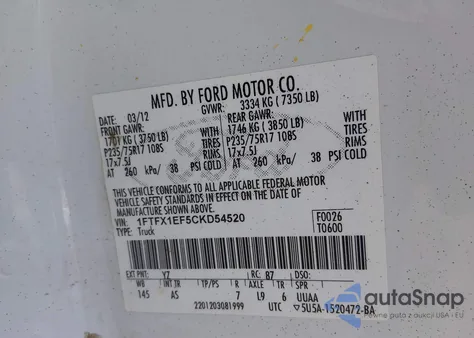 2012 Ford F-150 Xl from USA, damaged, VIN 1FTFX1EF5CKD54520